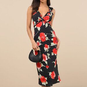 Lulus Clarrie Black Floral Crinkle Satin Ruffled Midi Dress - Size XL